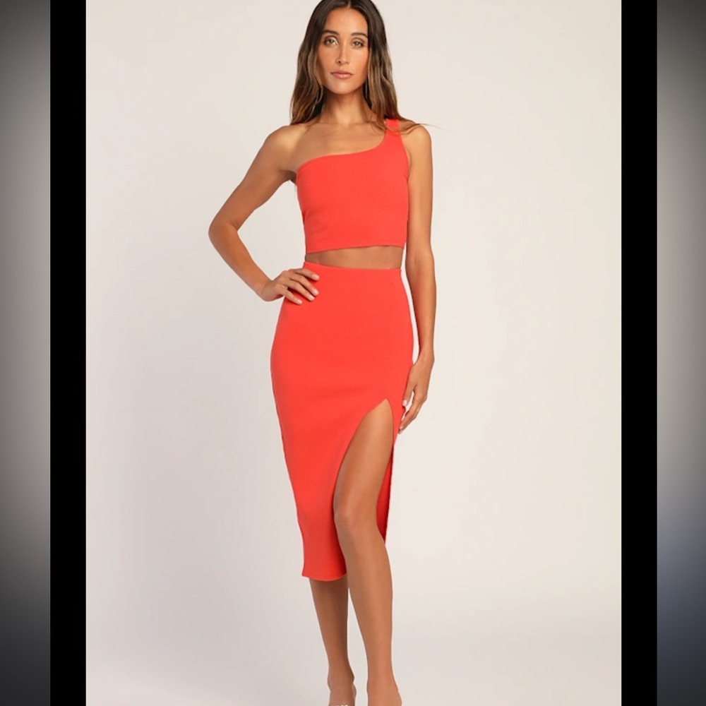 Lulus Orange Ribbed Midi Skirt with Front Slit